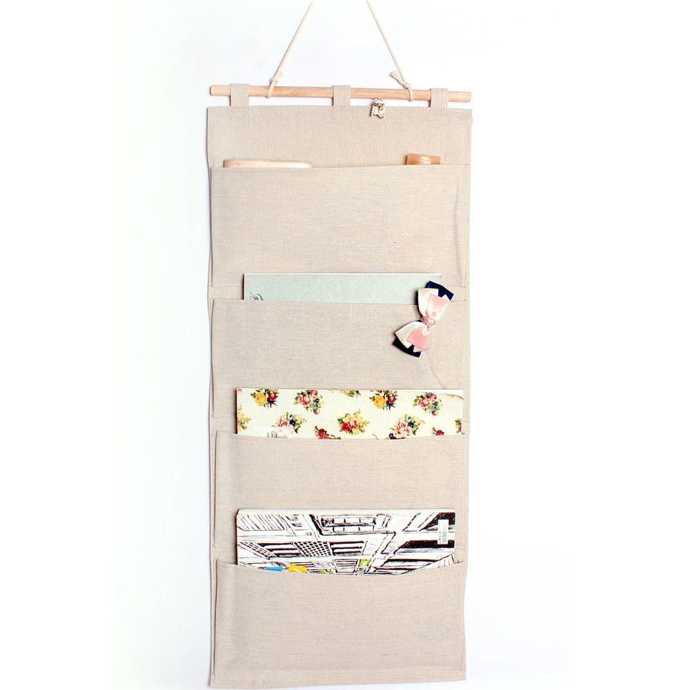 Linen/Cotton Fabric Wall Door Closet Hanging Storage Bag Books Organizational Back to School Office Bedroom kitchen rectangle 4 Pocket Home Organizer Gift ,13.8"W x 31.5"H (4 Pockets - Beige white)