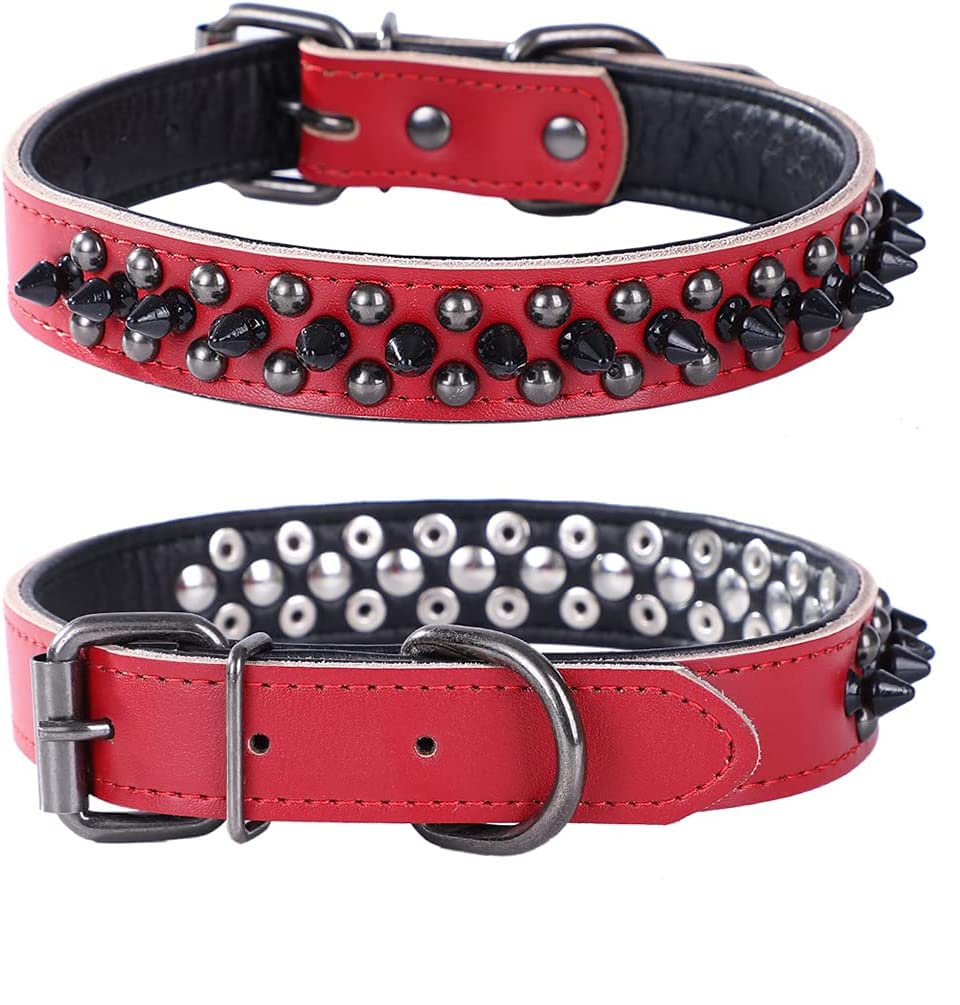 haoyueer Spiked Studded Dog Collar, Genuine Leather Dog Collar, Adjustable Pet Collars for Medium Large Bulldog Pitbull Mastiff Poodle Boxer (S, Red-1)