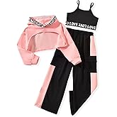 FUNNIDEA Girls 3 Piece Outfits Color Block Sweatsuit Workout Hoodie Litter Graphic Crop Tank and Pants Set