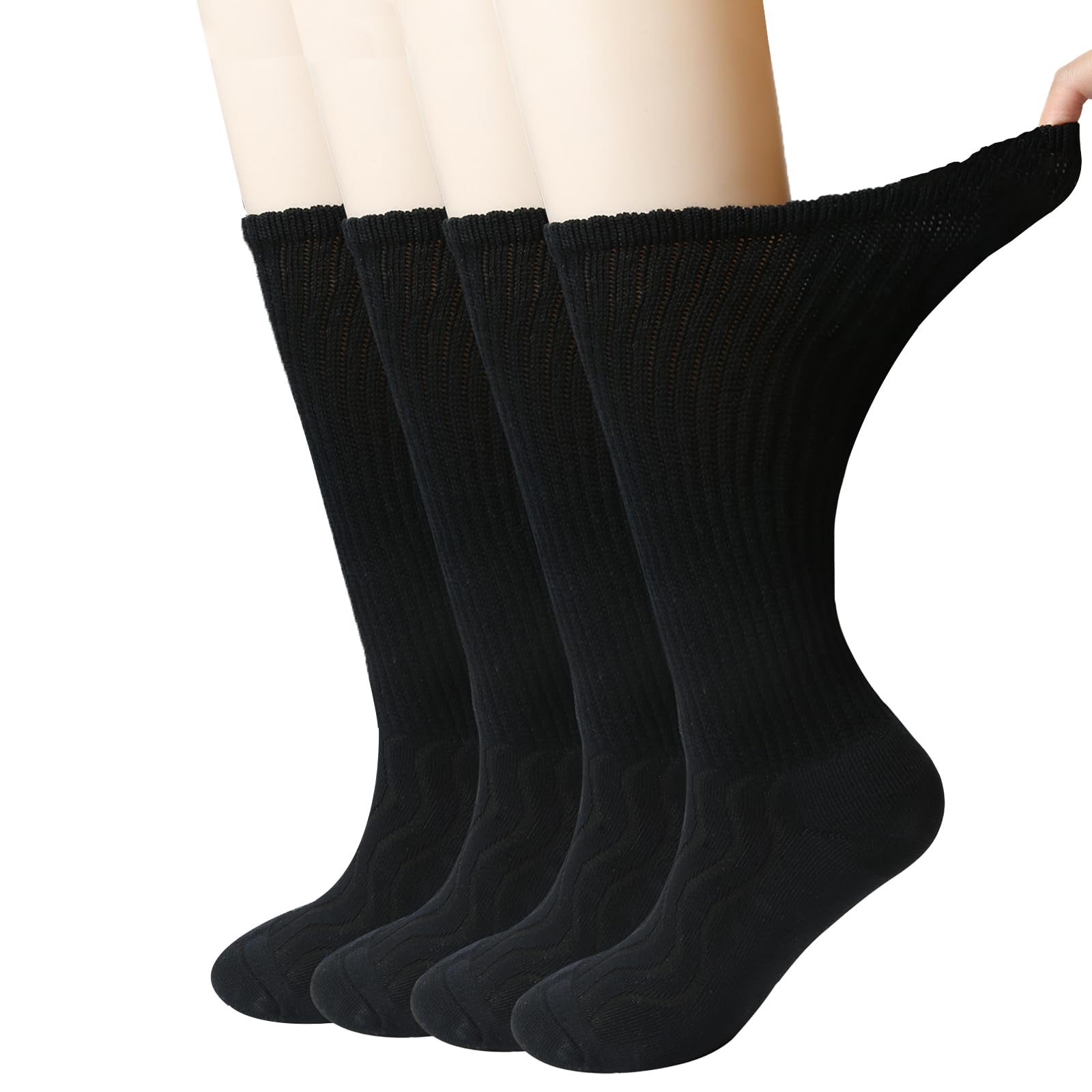 View 1 of +MD 4 Pairs Non-Binding Women's Cushioned Moisture Wicking Diabetic Crew Dress Socks 10-13 Black