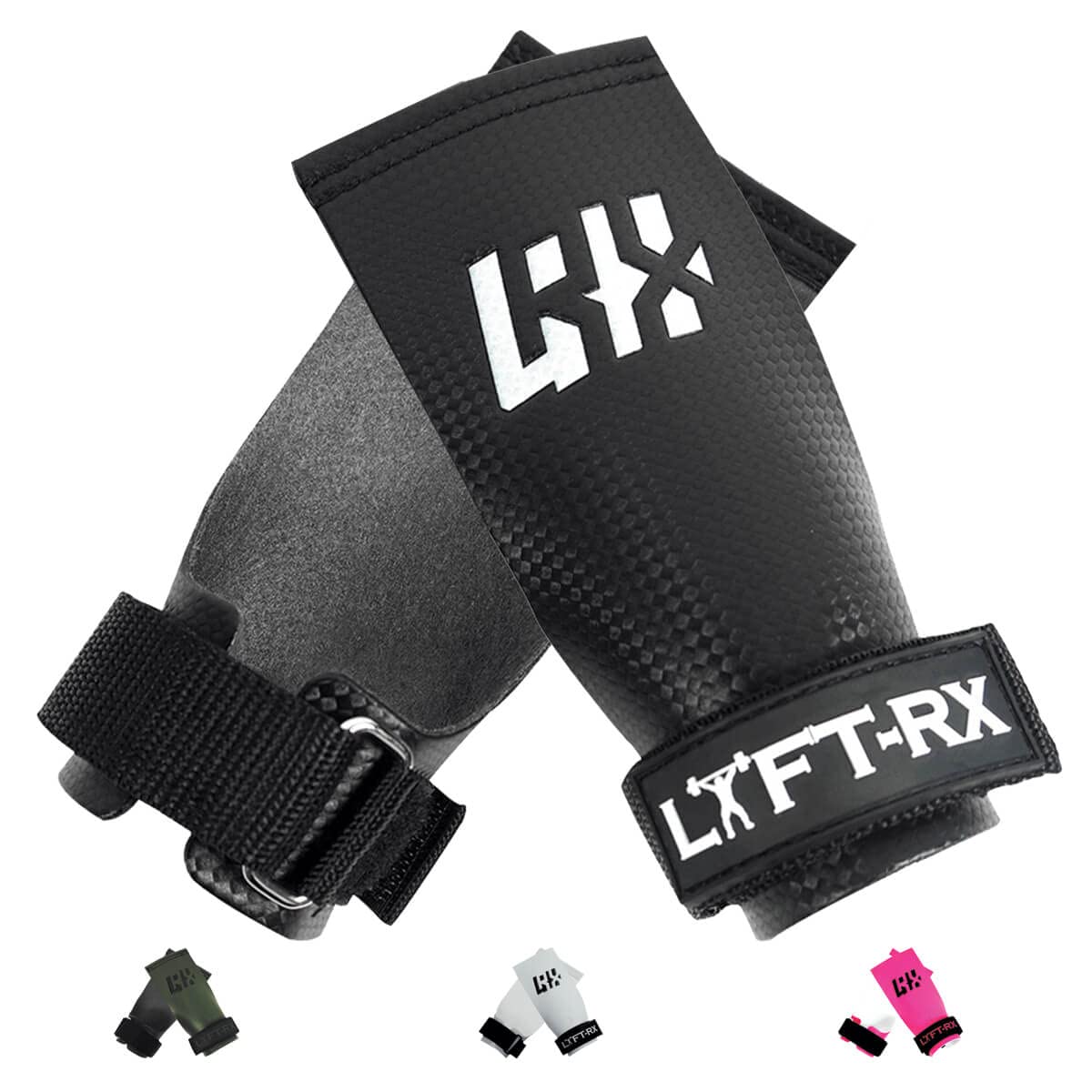 LYFT-RX Carbon Fiber Hand Grips for Weightlifting, Cross Training, Pullup, Muscle Ups - No Hole Fingerless, Gymnastics Fit, Men/Women Lift Gloves, Protects Palms, Black, X-Large