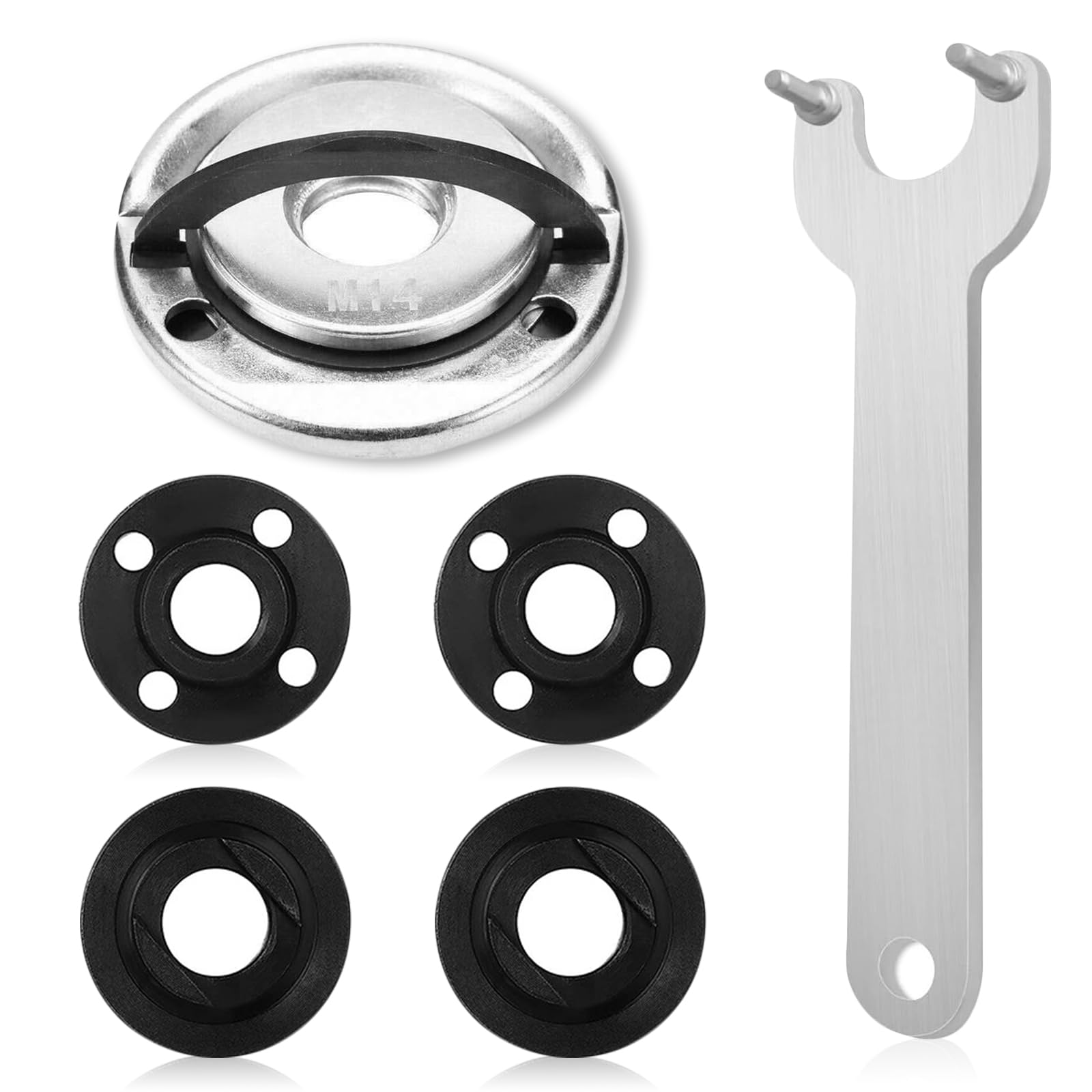 6PCS Angle Grinder Attachments, M14 Thread Self Locking Plate with Angle Grinder Spanner Key and Inner Outer Flange Nut Quick Release Installation Compatible with 125mm Angle Grinders