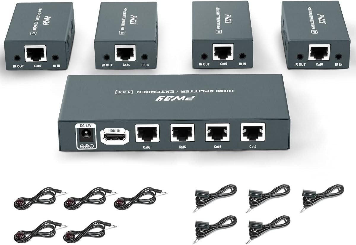 PW-HTS0104IR(POC) HDMI Splitter Extender 1X4 Port Over Cat5e/Cat6 Ethernet Cable With IR, No delay Up to 60m(196ft) and Resolution Up to 1080P