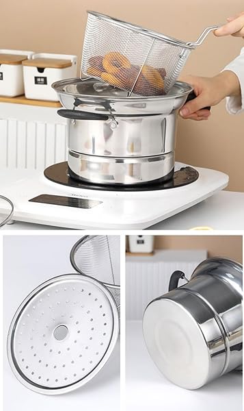 STAINLESS STEEL STUDENT POT, 8.6 “FOR 1-2 PEOPLE, COOKING POT, DEEP FRYER, STEAMER, MULTIPURPOSE POT. FEATURES GLASS LID, STAINLESS STEEL STEAMER RACK AND BASKET.
