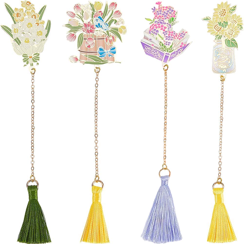 GORGECRAFT 4 Styles Metal Bookmarks Flower Brass Bookmark with Tassel Vintage Spiritual Tulip Daffodil Sunflower Floral Book Markers Teacher Appreciation Gift for Reading Gifts Book Reader Collections