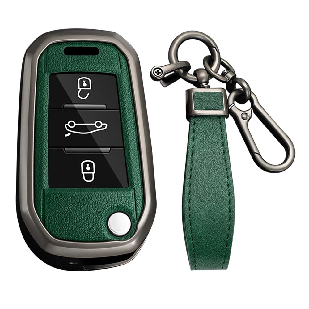 KUNIO Car Key Case Suitable for Opel Crossland X Zafira Corsa F Grandland Fits Peugeot 5008 208 308 Fits C-itroen C3 C4 Cactu Metal Key Cover Protection Key Ring A Green