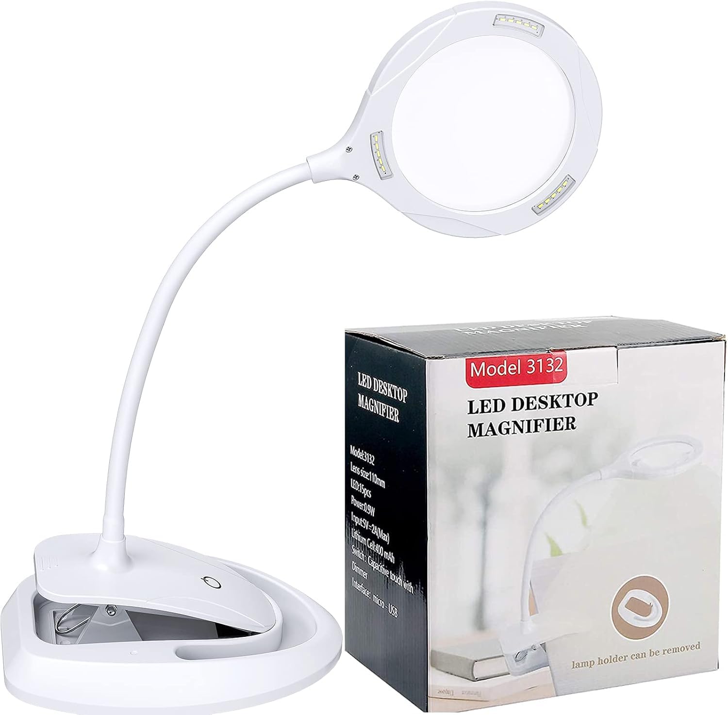 HOMGEN Magnifying Lamp Rechargeable Magnifier Lamp Desk Magnifying Glass With Light High Transparency Optics Magnifier Lights Support 5X&10X Lens & 15 LED Lights for Beauty, Reading, Hobbies, Crafts