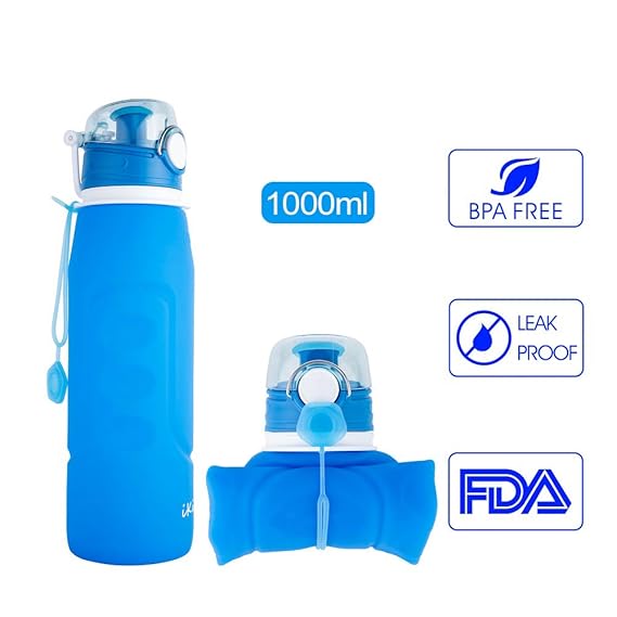 iKiKin Faltbare Wasserflasche, Medizinisches Silikon Trinkflasche, BPA frei, Lecksichere Faltbare Sportflasche für Sport, Out