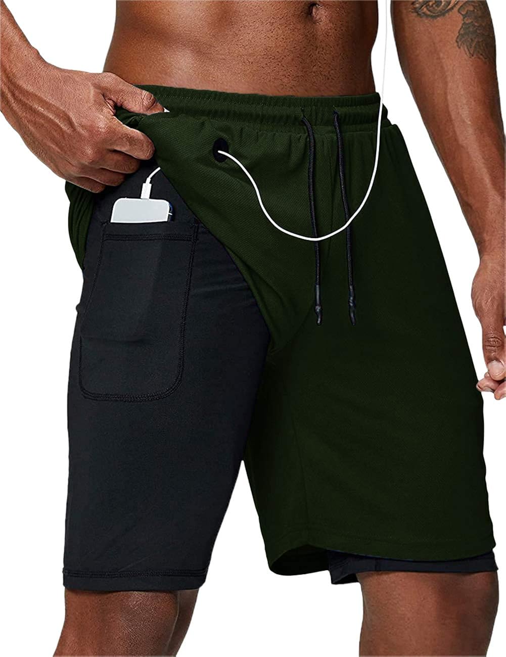 Hestenve Mens 2 in 1 Gym Running Shorts Workout Quick Dry Yoga Shorts with Pocket Sports 