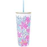 Lilly Pulitzer Double Wall Tumbler with Lid and Reusable Straw, Insulated Travel Cup Holds 24 Ounces (Beachside Haven)