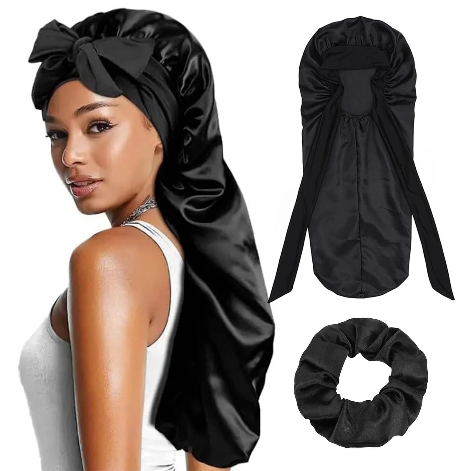Extra Long Satin Bonnet for Women, Large Silk Adjustable Braid Bonnet with Tie Band and Black Scrunchies, Double Layer Elastic Silk Sleep Cap for Long Curly Hair, Braids