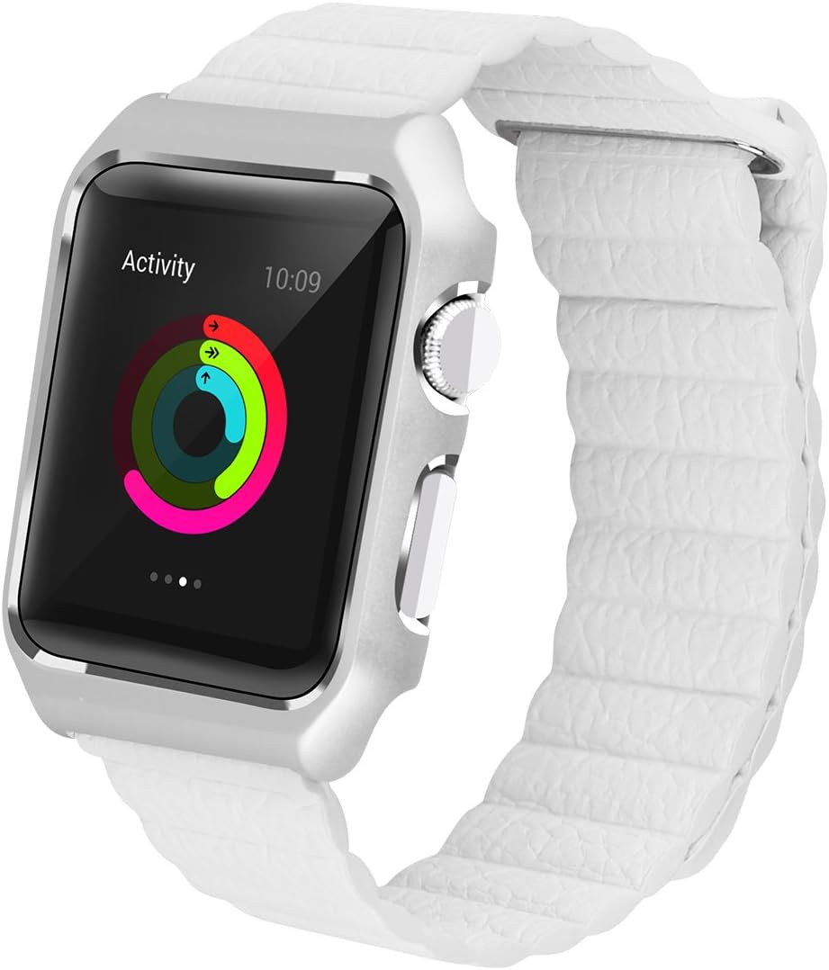 For Apple Watch Band Leather Loop,LikeItY Genuine Leather Magnetic Strap with Metal Case for Apple Watch Series 1/2 - Shockproof Protective Bumper Replacement Band - 38mm White