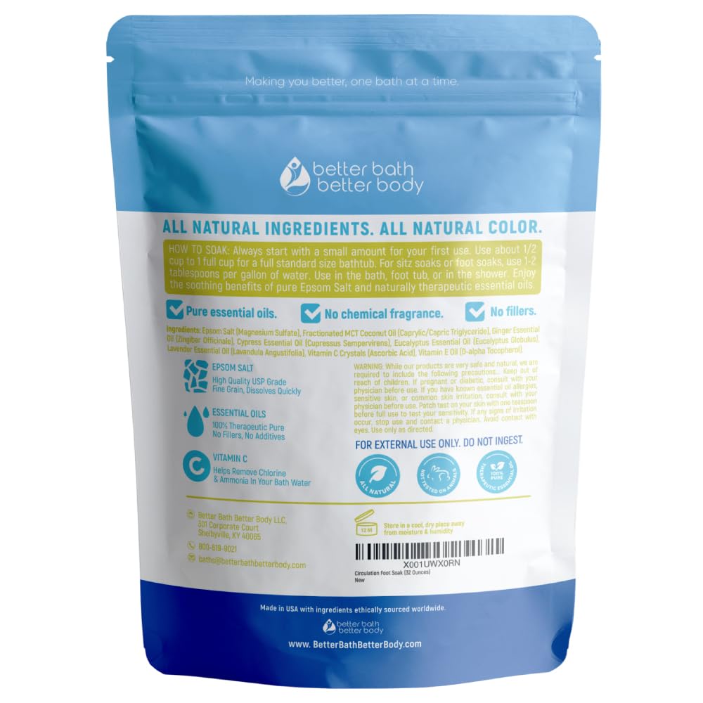 Circulation Foot Soak 32 Ounces (2 Lbs) Epsom Salt with Pure Essential Oils Ginger and Cypress Essential Oils Plus Vitamin C in BPA Free Pouch with Easy Press Lock Seal