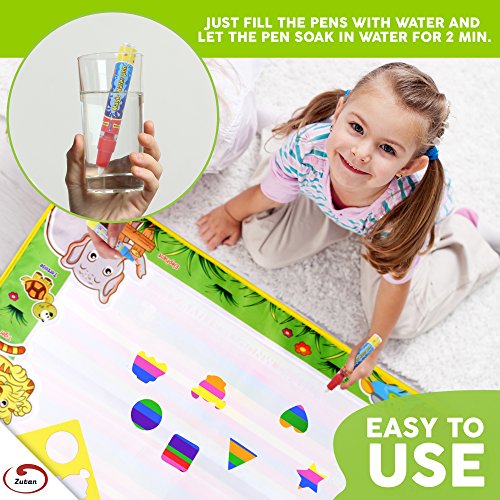 Water Drawing Aqua Doodle Mats: Large 29” x 19” Water Doodle Pad with 3 Marker Pens, 1 Sheet of Shapes, 2 Alphabet Stencils & 1 Drawing Book - Art & Educational Toy for Kids - Toddler Boys & Girls Toy