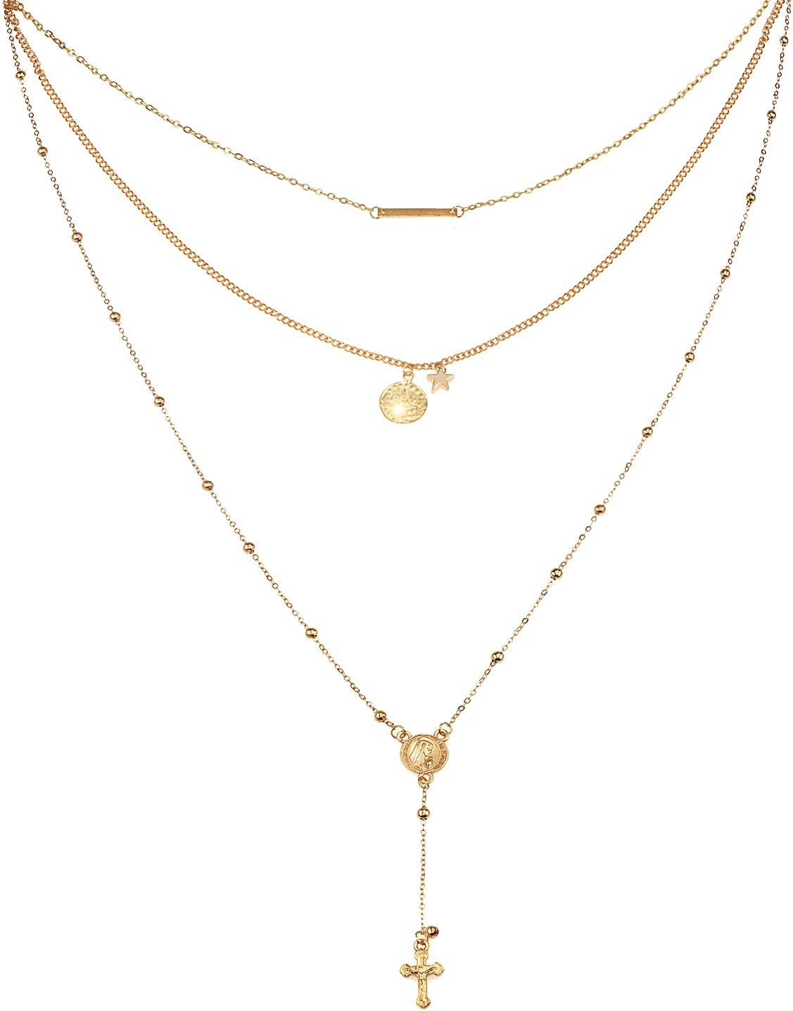 Gleamart Women Multi-Layer Sequins Choker Layered Beads Long Sweater Chain Necklace with Cross Pendant