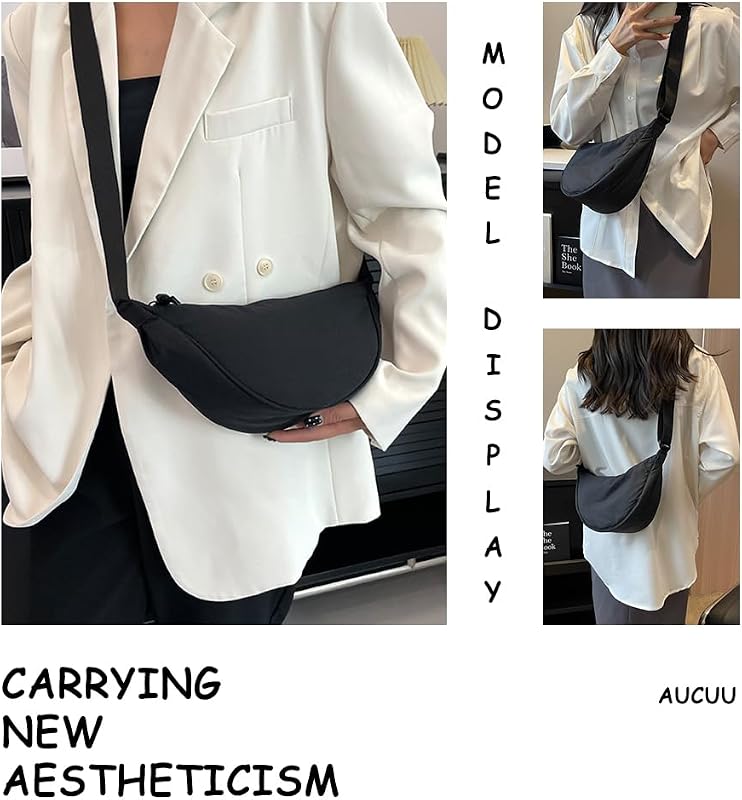 Mala Crossbody de Mulher, Half Moon Waterproof Nylon Crossbody Backpack, Mala Casual Leve Crossbody para mulheres com alça ajustável, para viagens, compras, escola, escritório - Preto
