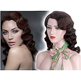 REEWES Long 1920s Wig Finger Wave Wig Curly Short Wig Vintage Wigs for Women Lady Synthetic Heat Resistant Full Wigs Cosplay Costume Fancy Dress With Wig Cap (Brown(Long))