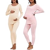 Patelai 2 Pack Thermal Nursing Underwear for Women Maternity Pajama Set Breastfeeding Sleepwear Fleece Lined Pregnancy Set