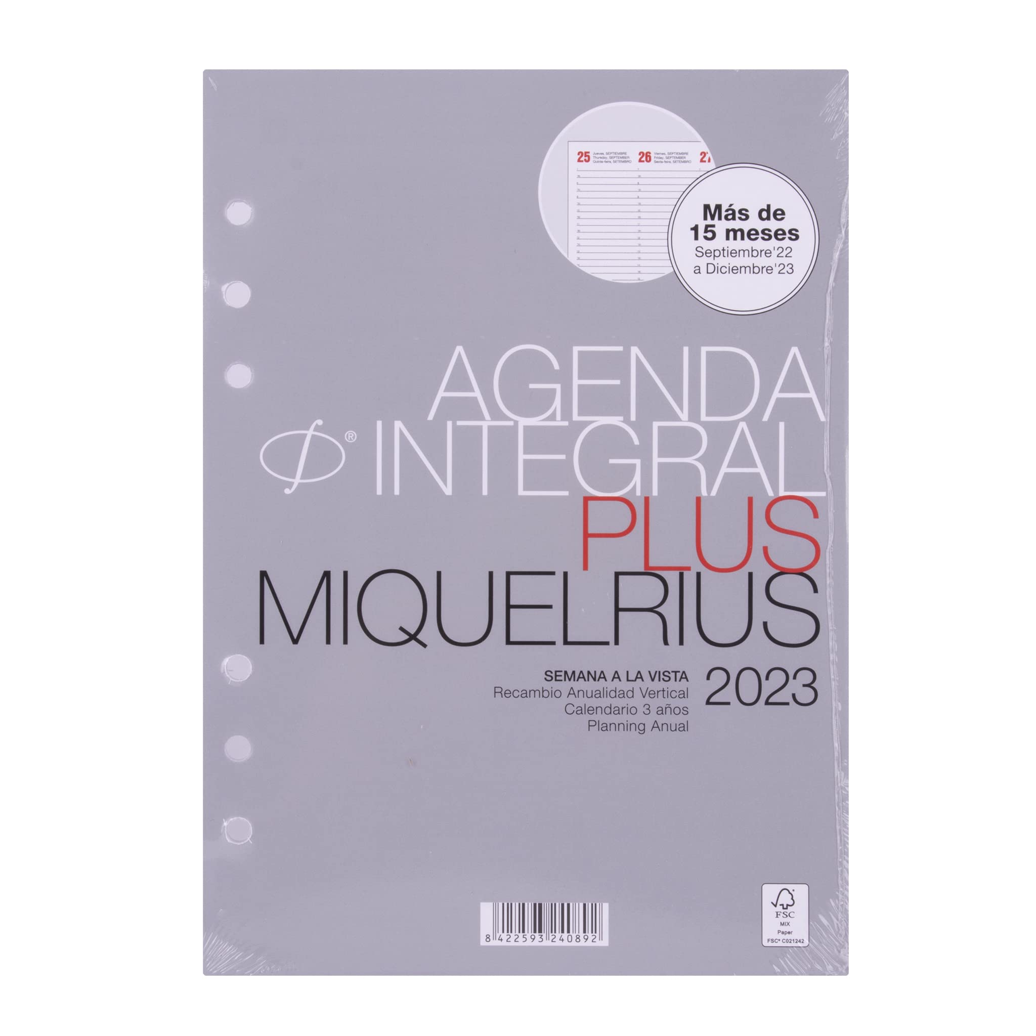 Miquelrius - 16 Month Ring Planner Refill (September 2022 December 2023) - Week to View - Plus Size 155 x 213mm (Approx A5) - Spanish