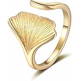 Dainty Ginkgo Leaf Open Band Ring for Women Silver Gold-Toned Ginko Leaves Statement Wrap Finger Rings Adjustable Comfort Fit Elegant Wedding Engagement Jewelry