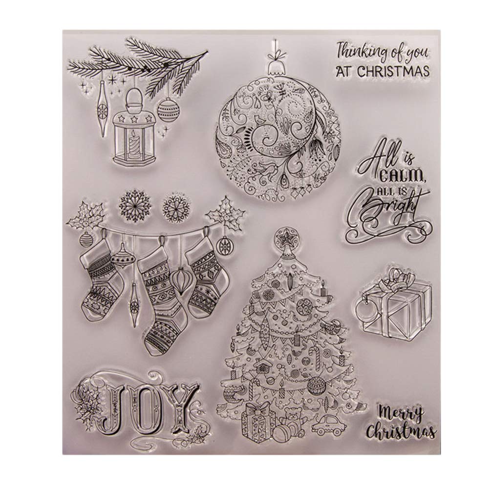Amosfun Christmas Clear Stamp Merry Christmas Stamps Christmas Tree Ball Giftbox Patterns Silicone Stamps Clear Rubber Stamp for DIY Scrapbooking Card Making Decoration