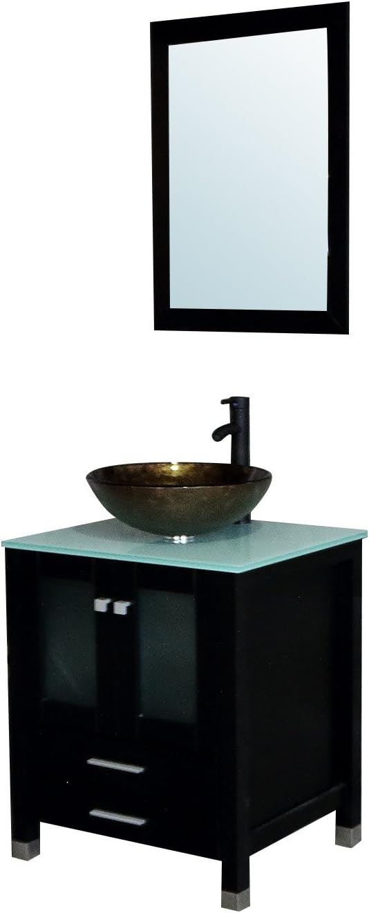 Bathjoy 24 Modern Wood Bathroom Vanity Cabinet Tempered Glass Vessel Sink Top Free Faucet Drain With Mirror Amazon Com