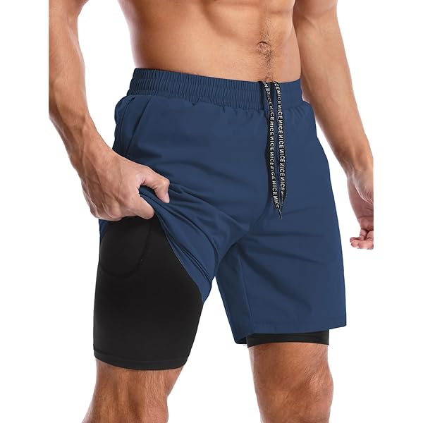 ZZXXB Navy Blue Athletic Shorts for Men with Pockets 2 in 1