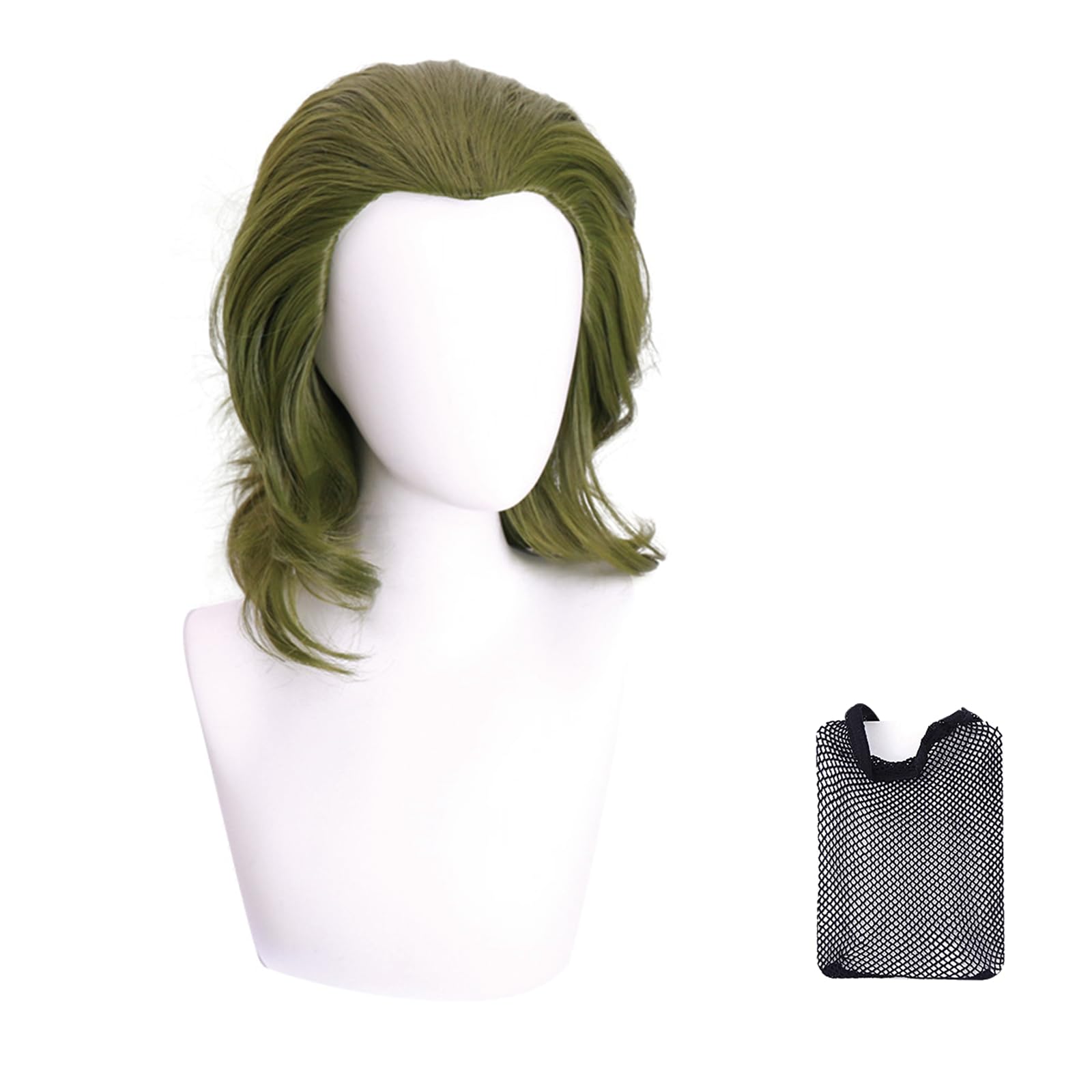 2Pcs Short Green Wig for Men Costume Hair with Wig Cap Men’s Wavy Cosplay Synthetic Hair Wigs Dark Green Adult Man & Women Curly Men's Wigs for Costumes Cosplay Halloween Carnival Parties Anime