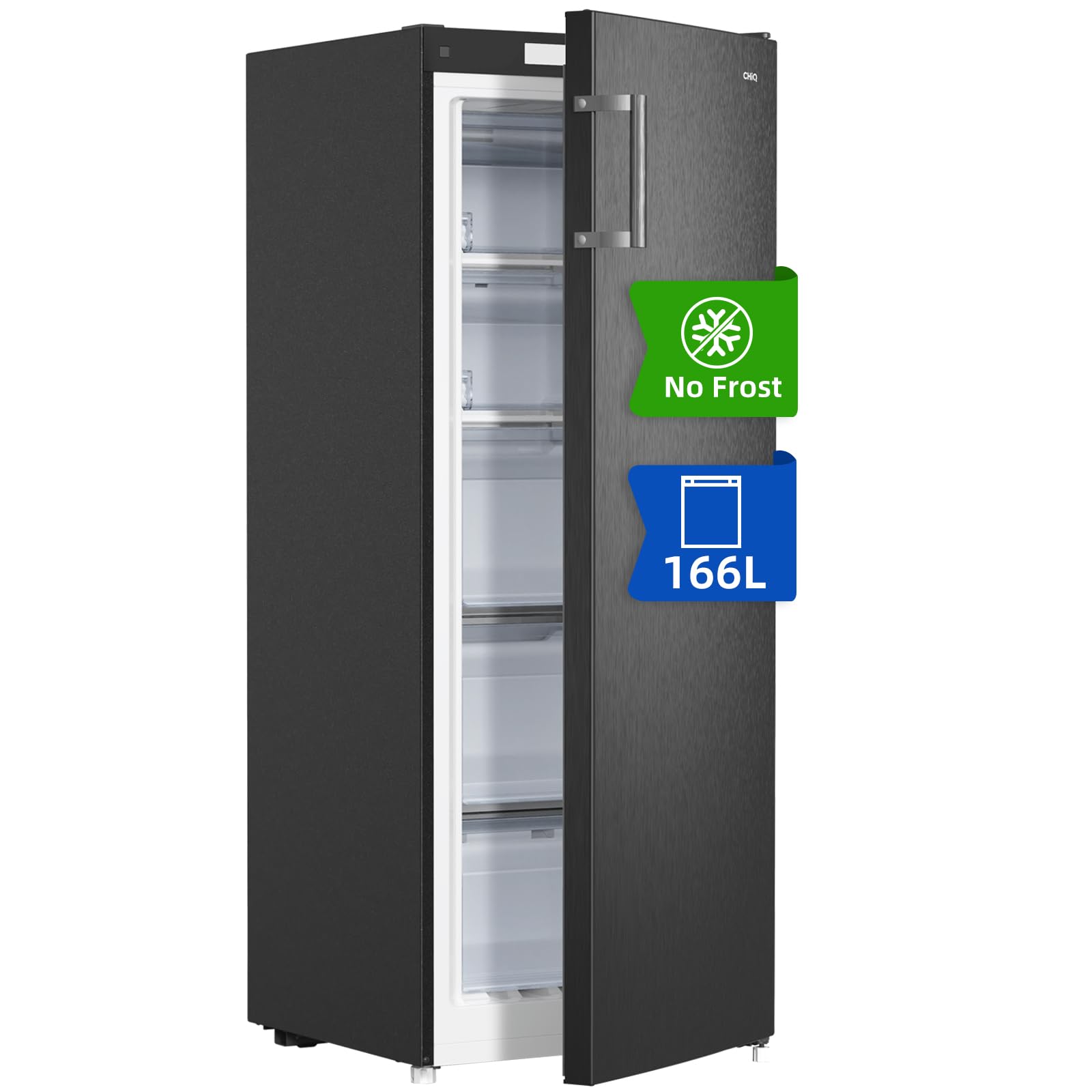 CHiQ Gefrierschrank No Frost 166 L, MultiAirflow, 4-Sterne-Gefrieren｜5 Schubladen + 1 obere Klappe, 144cm H | 209 kWh/Jahr, mit LED, Wechselbarer | Schwarz, FSD166NE4E