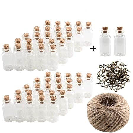 Pulluo Mini Glasflaschen Gläser 50 + 2 Stück Wunsch Flaschen 5ml Kleine Flaschchen mit Korken Ösenschrauben 30 Meter Bindfade