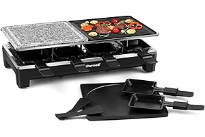 Raclette Grill, Techwood Electric Indoor Grill with 2 Reversible Non-stick Cooking Plates, 1 Stone Grill Plate, 1500W Fast He