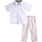 DKNY Toddler Boys Pants Set - 2 Piece Short Sleeve Boys Button Down Shirt and Canvas Pull On Kids Pants Toddler Clothes