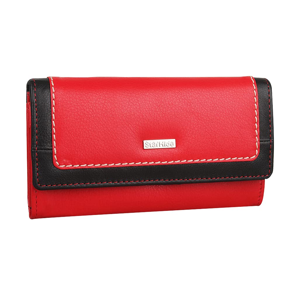 STARHIDE Ladies Purse Women RFID Blocking Genuine Leather Flap Over Long Clutch Wallet 5560 (Red Black)