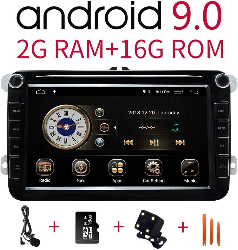 Car In Dash Stereo Head Unit for Golf VW Skoda Seat, 8 inch Touchscreen Android 9.0 Double Din navigation with Bluetooth Support Radio DAB+ with Rear View Camera,16GB Map Card,3.5mm Mic, Crowbar