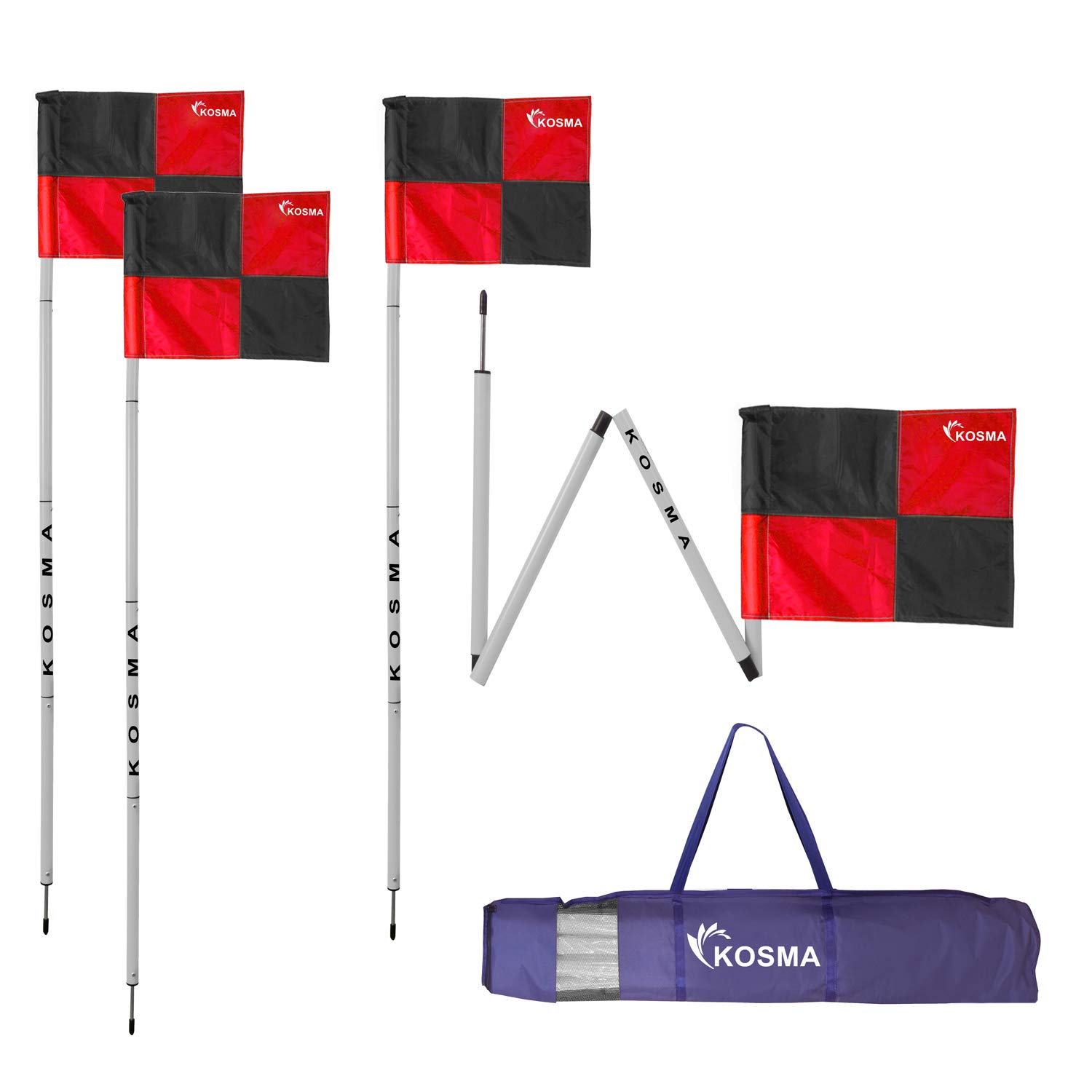 Kosma Set of 4PC Collapsible Corner Flag | Foldable Football Training Corner Flag Pole Size: 5 Ft x 25mm - White pole with Metal Spike & Red/Black Quadrant Pattern Flags - in carry bag