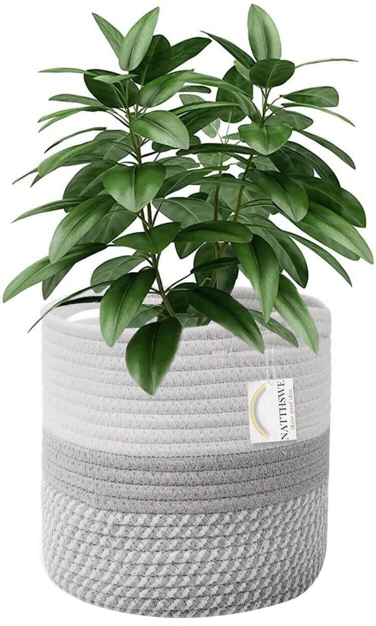 NATTHSWE Plant Basket With Liner, Indoor Woven Plant Pot for 11" Flower Pot, Cotton Rope Jute Pot Decoration, Foldable Laundry Basket, Household Storage