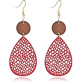 Bohemian Wood Earrings for Women Unique Handmade Lightweight Vintage Boho Natural Multilayer Geometric Teardrop Wooden Dangle Drop Statement Earrings Jewelry