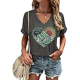 Graphic V Neck Shirt for Women Boho Floral Wildflowers Tee Casual Cottagecore Summer T-Shirt Blouse