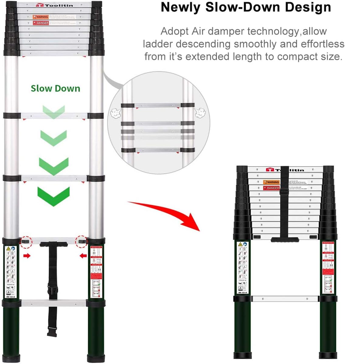 TOOLITIN Telescoping Ladder, 12.5 FT One Button Retraction Aluminum Telescopic Extension Ladder, Slow Down Design Extendable Ladders Portable Best for Household Daily or RV Work, 330 Pound Capacity… - - 