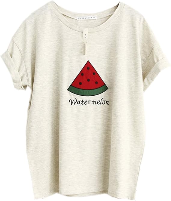 Amazon クイーンスクエア Queen Square 夏 スイカ いちご フルーツ プリント Tシャツ Free 多色 スイカ ベージュ Tシャツ カットソー 通販