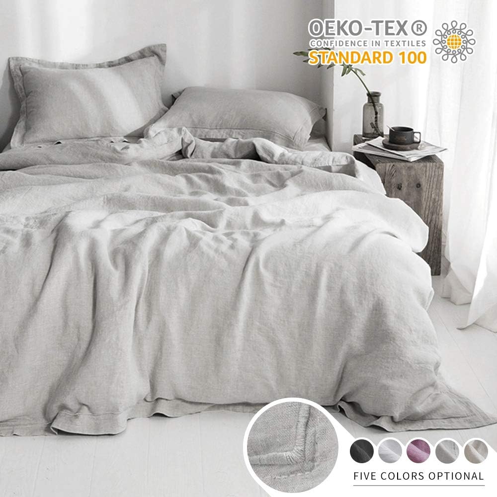 Simple&Opulence 100% Linen Duvet Cover Set with Embroidery Stone Washed - California King Size - 3 Pieces (1 Duvet Cover with 2 Pillow Shams) with Button Closure Soft Breathable Farmhouse - Grey