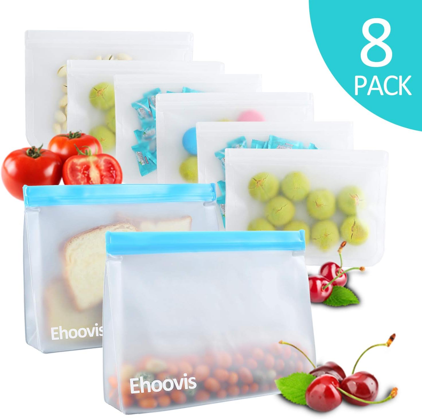 Reusable Ziplock Bags, Leakproof Food Storage Extra Thick Ideal for Lunch Sandwich, Food Snacks, Make-up, Travel Home Organization and More (6 Medium Snack Bags+2 Sandwich Bag)