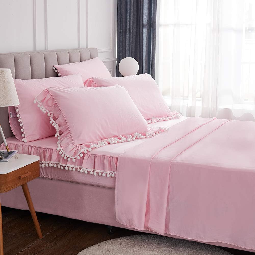 Romantic Bed Sheets Pink Pom Pom Ruffle 