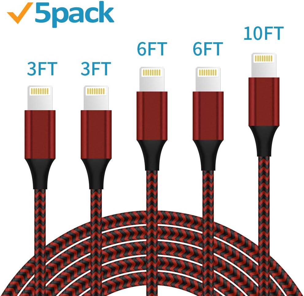 Binecsies MFi Certified iPhone Charger Lightning Cable 5 Pack Extra Long Nylon Braided USB Charging & Syncing Cord Compatible iPhone Xs/Max/XR/X/8/8Plus/7/7Plus/6S/6S Plus/SE/iPad/Nan More