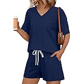 SHEWIN Women's 2 Piece Short Sets V Neck Short Sleeve T-Shirts and Drawstring Shorts Beach Vacation Outfits with Pockets