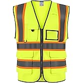 SHORFUNE High Visibility Safety Vest with Pockets, Mic Tab, Reflective Strips and Zipper, ANSI/ISEA Standards