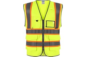 SHORFUNE High Visibility Safety Vest with Pockets, Mic Tab, Reflective Strips and Zipper, ANSI/ISEA Standards