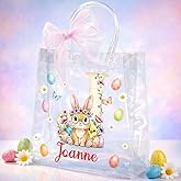 Personalized Girls Easter Clear Gift Bag with Pink Bow Ribbon | Custom Name & Initial PVC Tote Bag for Kids Egg Hunt | Girl Easter Basket Stuffers Bag with Bunny Chick Colorful Easter Eggs Design