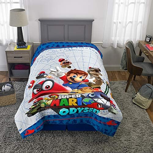 Mario-themed bedding set including a comforter, pillow, and sheet.