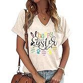 PUCKOLITY Happy Easter V Neck Shirts for Women Cute Easter Bunny Rabbit Eggs Graphic T-Shirt Holiday Christian Shirt Tops